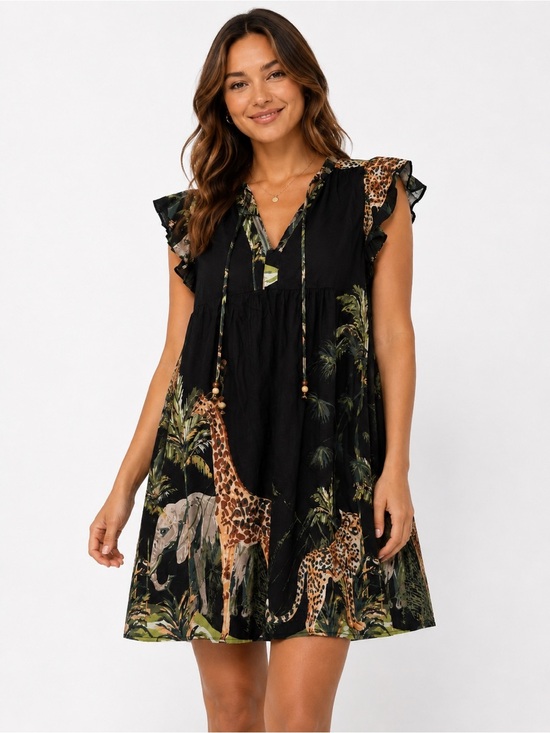 Gigio Dresses & Skirts - GIGIO USA Dress Medium Safari Print Ruffle Sleeve Babydoll Rayon